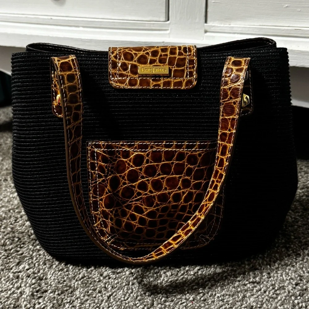 Eric Javits Black Island Tote Bag with Brown Croc-Trim and Gold Hardware - Picture 2 of 12